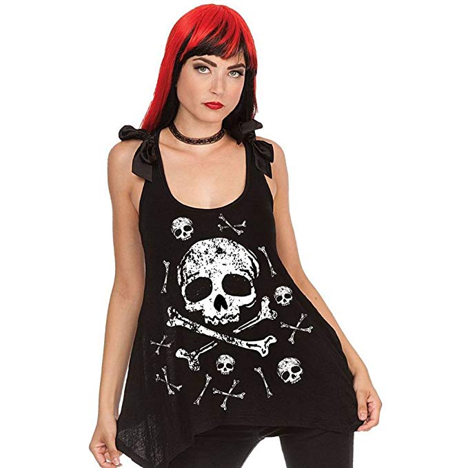 Rockabilly Death Skull & X Bones Sheer Skull Lace Back Flare Tank with Bow Tank Top