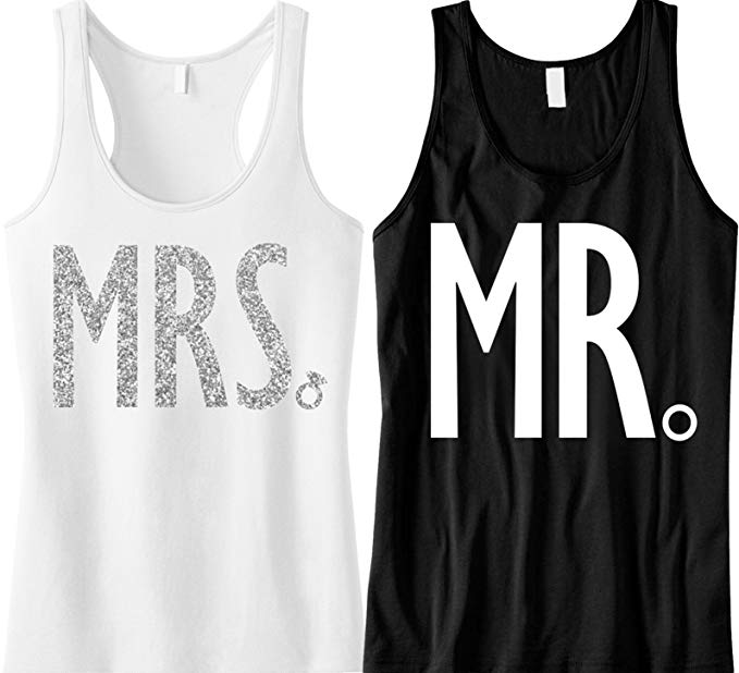 NoBull Woman Apparel MR. & MRS Couples Tank Tops Silver Glitter and Black with White