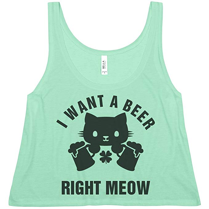 St Patricks Day Cat Beer Meow: Bella Ladies Flowy Boxy Cropped Tank