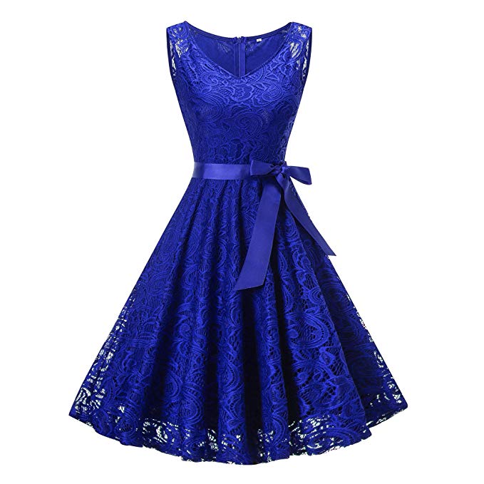 Women's V Neck Vintage Lace Prom Wedding Cocktail Party Midi Swing Dress with Belt/Sash